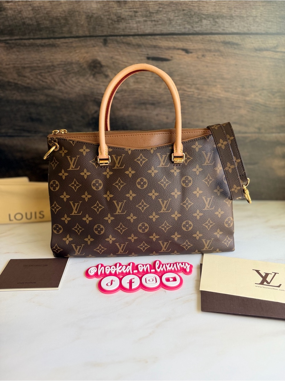 Authentic Louis Vuitton Pallas MM Havane Brown Leather 2 Way Handbag